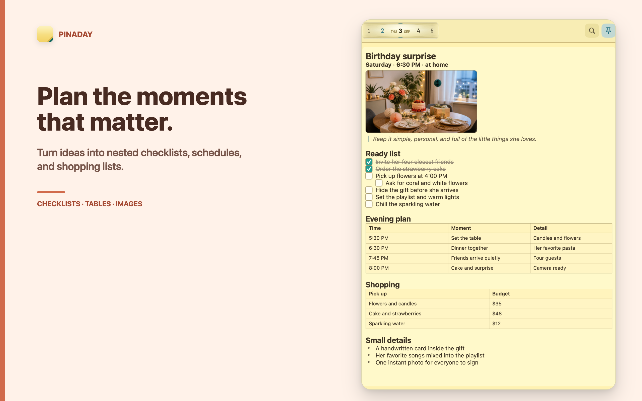 Pinaday screenshot titled Plan the moments that matter, showing tasks, tables, and images in a daily note.