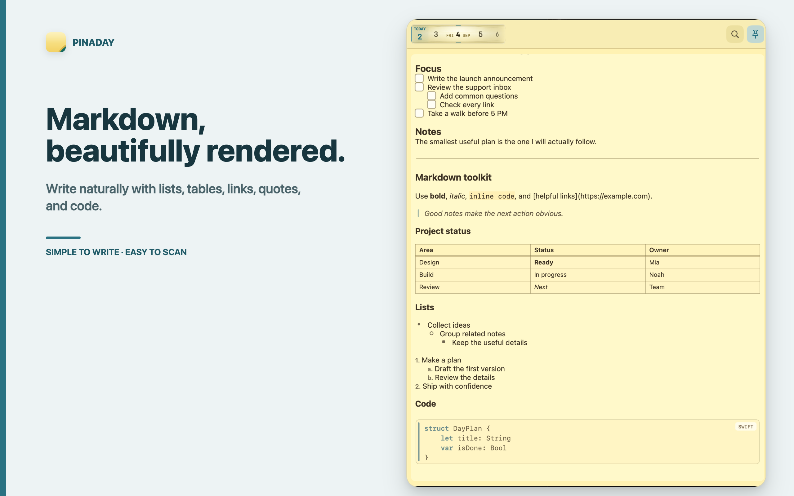 Pinaday screenshot titled Markdown, beautifully rendered, showing headings, nested tasks, tables, lists, and code.